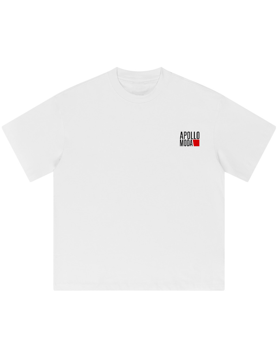 White t-shirt with a small logo on a white background