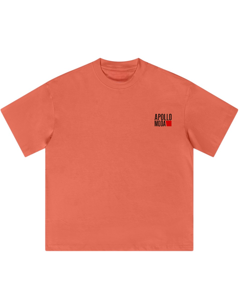 Orange t-shirt with a small logo on the chest against a white background