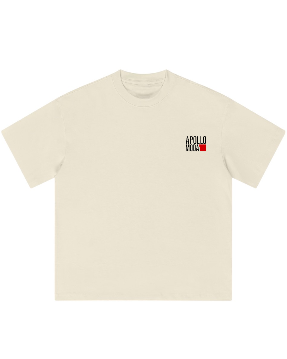 Beige t-shirt with a small logo on a white background