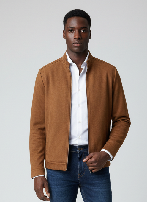 Man wearing a brown jacket, white shirt, blue jeans, and white sneakers on a light gray background