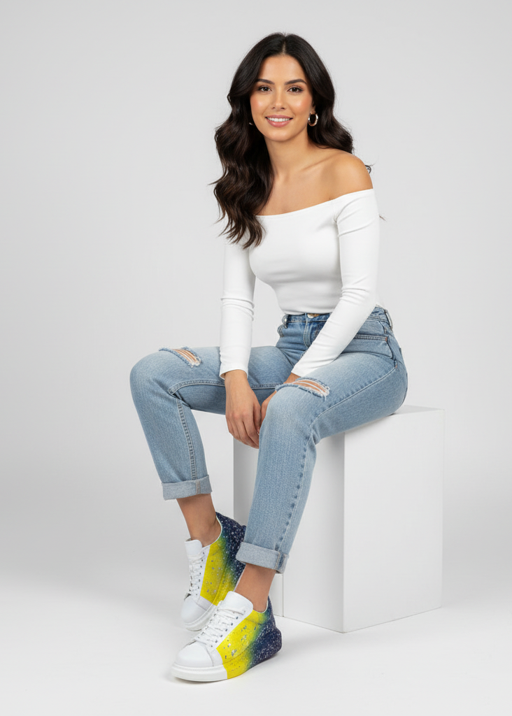 Women's Urban Pulse Motion Flow hand-painted custom sneaker in yellow and blue by Apollo Moda, view 2