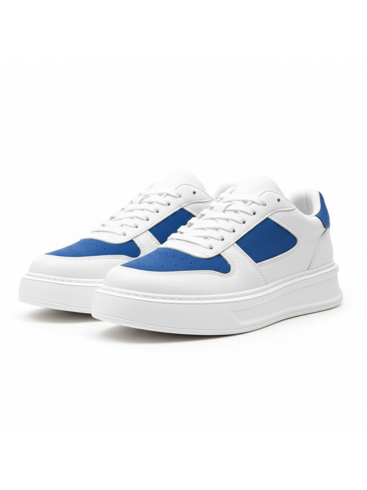 White sneakers with blue accents on a white background