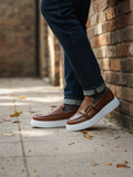 Men's Zion Earthy Brown by Apollo Moda, brown vegan leather loafer with dual straps, second angle