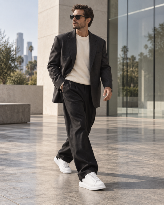 Millennial man styling white Apollo Moda platform sneakers with relaxed tailoring in Los Angeles