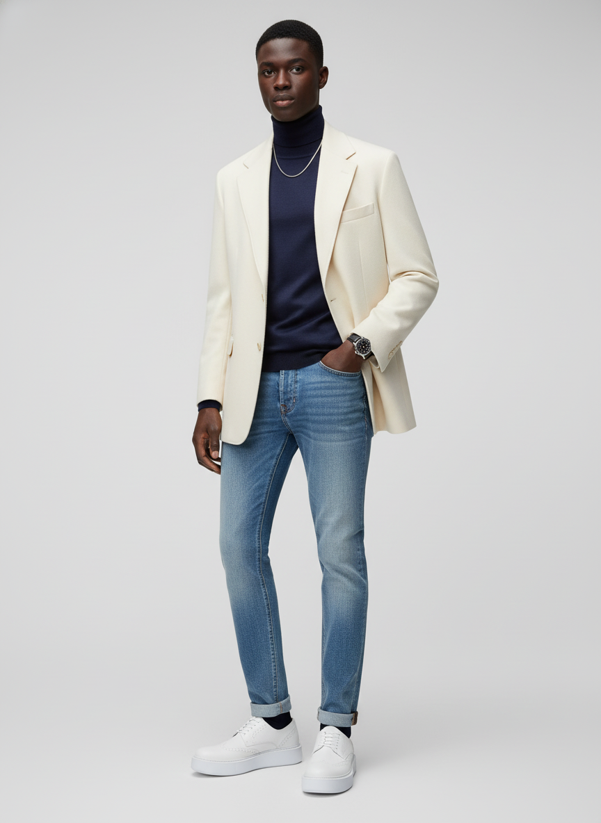 Man wearing a cream blazer, navy turtleneck, blue jeans, and white sneakers on a light gray background