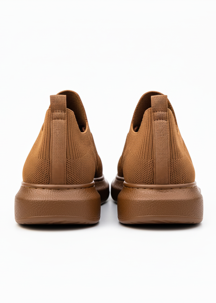 Back shot of a pair of brown knit Torino sneakers featuring a lightweight sole and breathable fabric upper.
