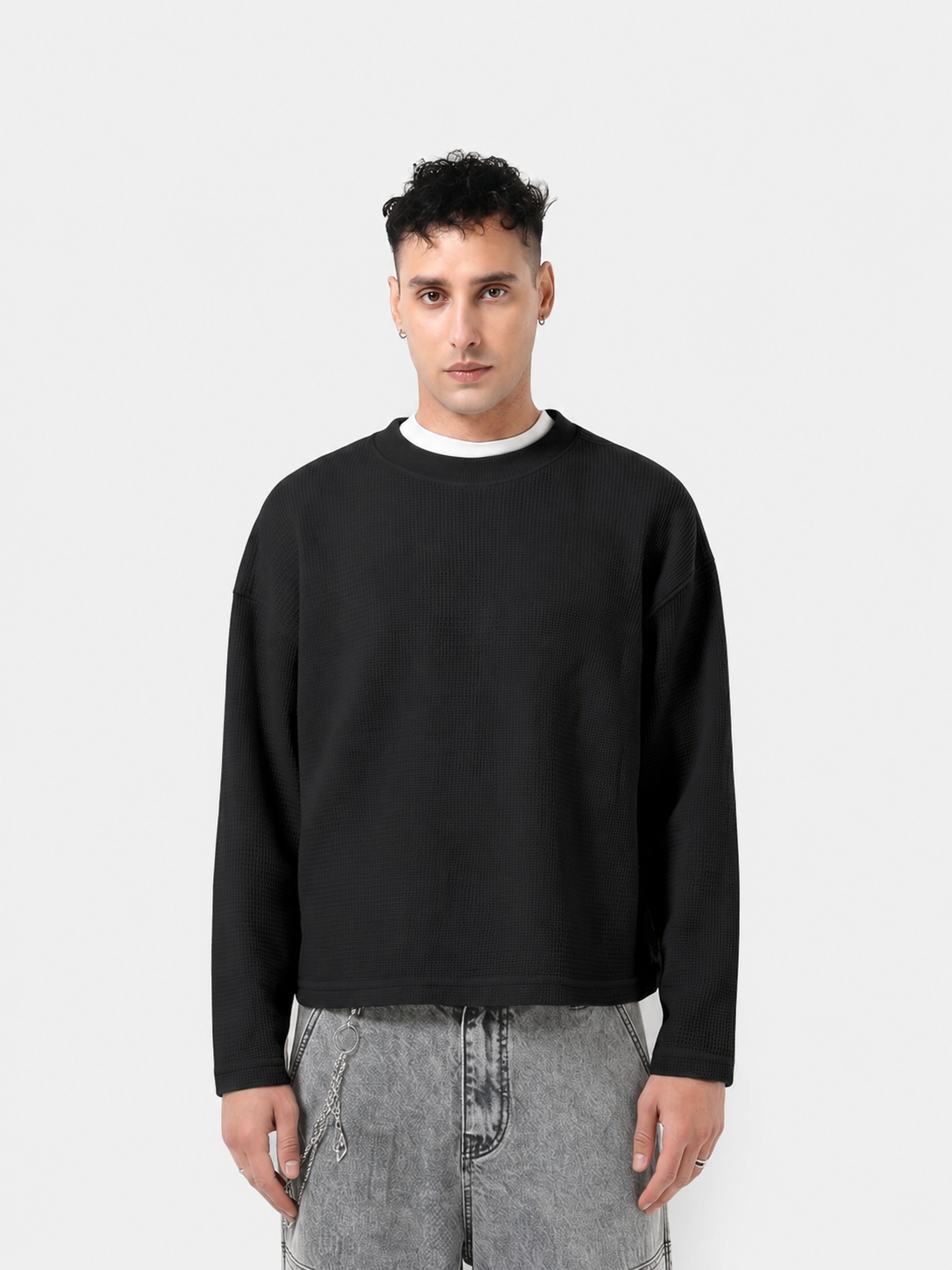 Waffle Knit Cropped Crewneck Long-Sleeve