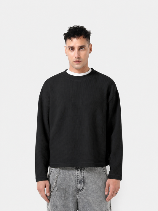 Waffle Knit Cropped Crewneck Long-Sleeve