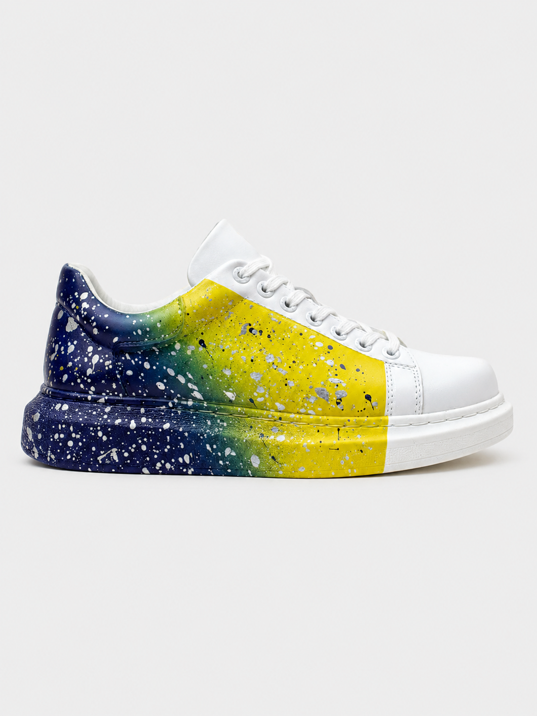 Urban Pulse Motion Flow hand-painted custom sneaker in yellow and blue by Apollo Moda
