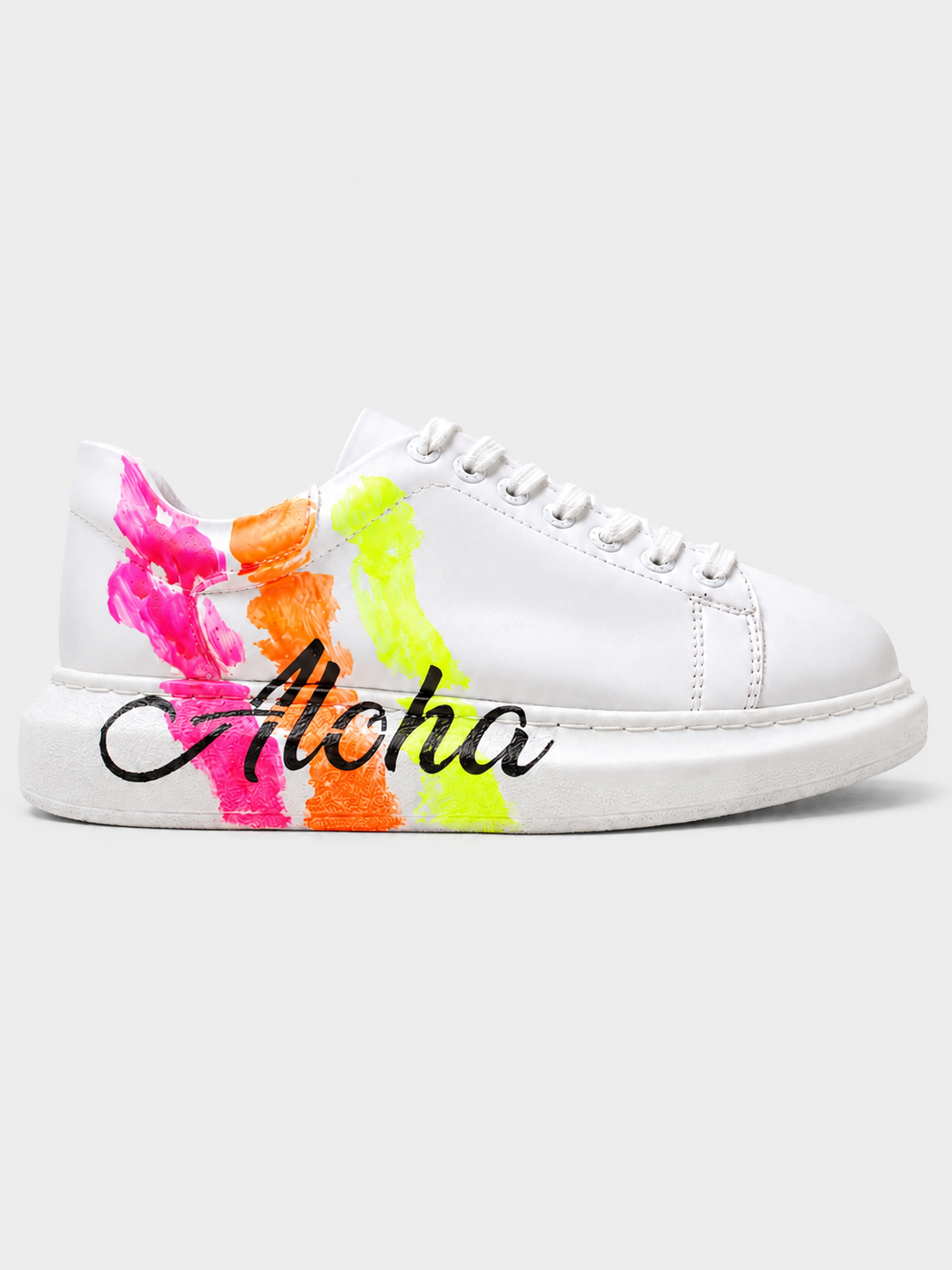 Aloha Three Stripes hand-painted custom sneaker in white by Apollo Moda