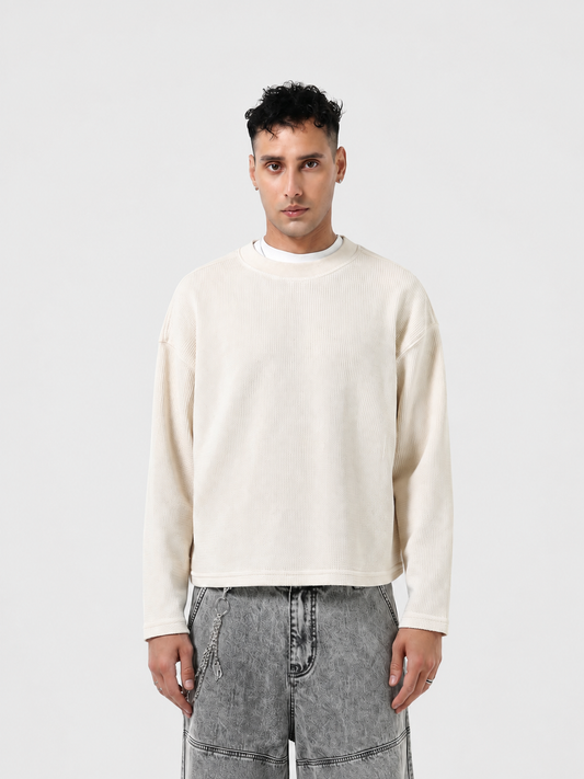 Waffle Knit Cropped Crewneck Long-Sleeve