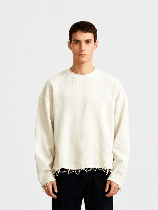 Waffle Knit Distressed Hem Oversized Crewneck Long-Sleeve