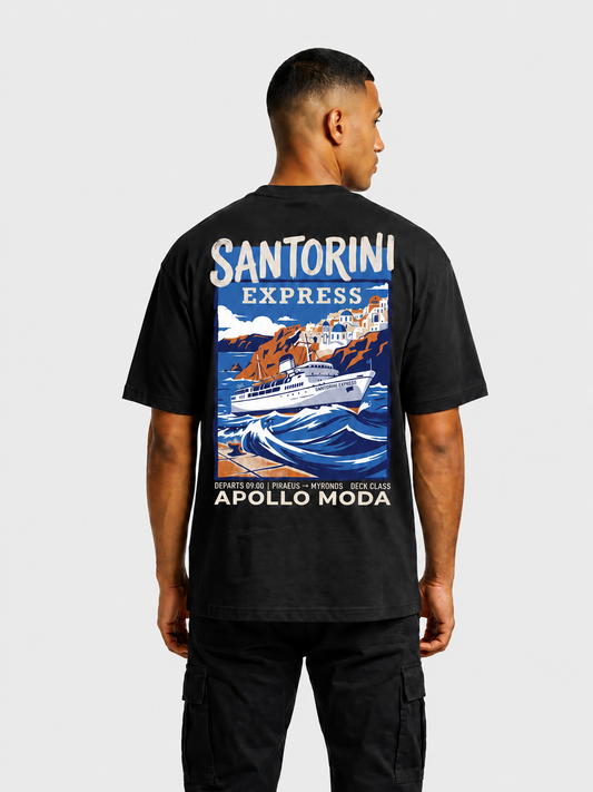 'Santorini Express' Oversized Graphic Tee — Black