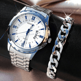 Men Silver Stainless Steel Strap Quartz Watch & 1pc Bracelet