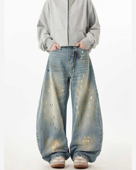 Hand-Painted Gold Splatter Curved Barrel Wide-Leg Denim Jeans