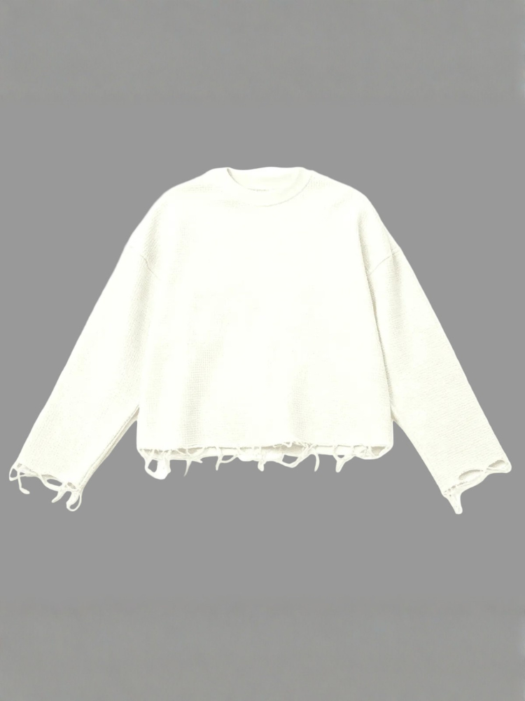 Waffle Knit Distressed Hem Oversized Crewneck Long-Sleeve