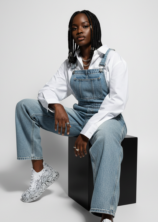 Person wearing a denim overalls and grey Apollo Moda sneakers sitting on a black cube against a light gray background