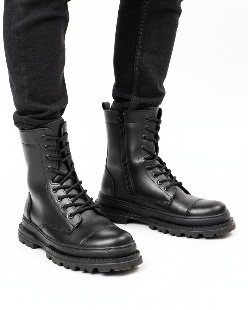 Lifestyle shot of Orion Black Combat Boots by Apollo Moda in polished leather with rugged soles and zip detail 
