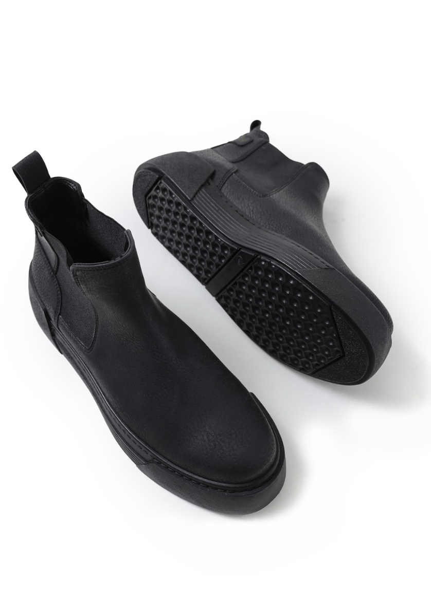 Top profile shot of matte black Avalon Chelsea boots with cushioned platform sole.