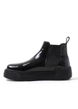 Side profile of black patent Avalon Chelsea Apollo boots with cushioned platform sole.