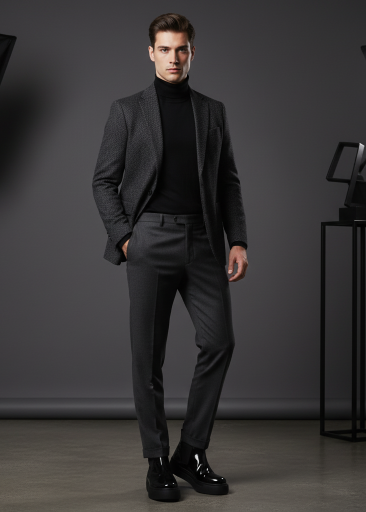 Man wearing Avalon Patent Onyx Chelsea Apollo boots with grey suit in a studio setting.