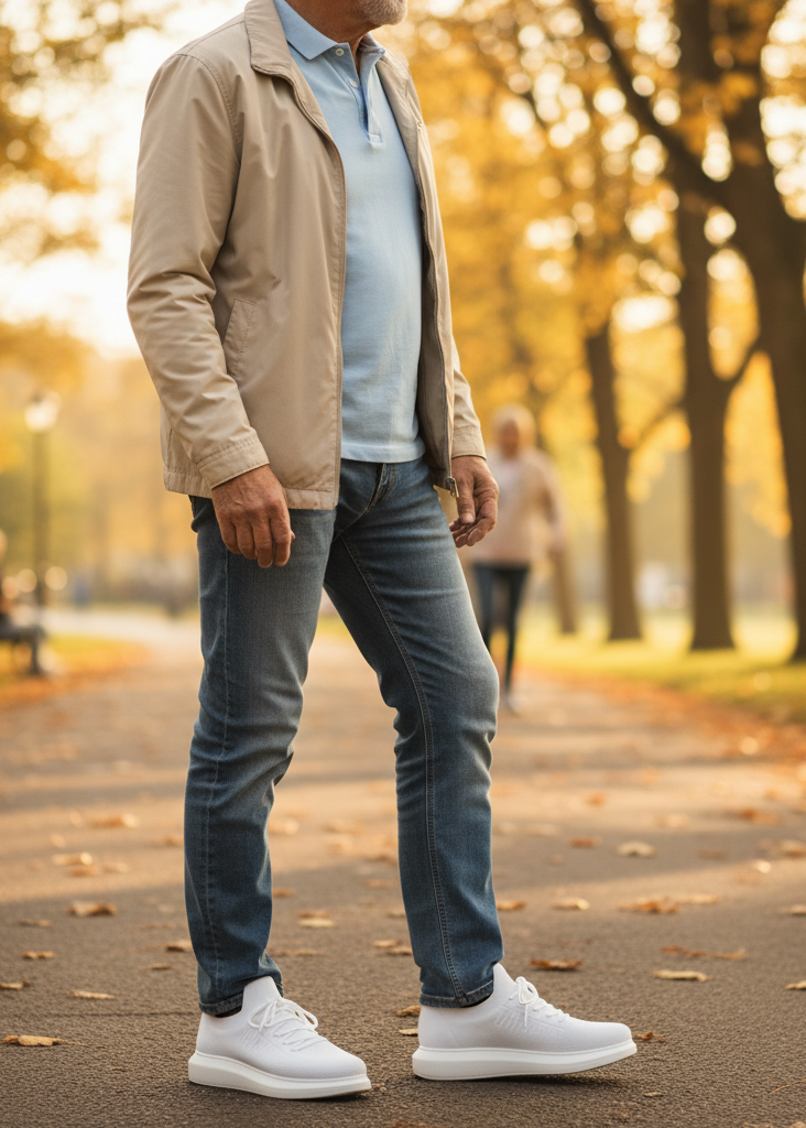 Person walking in a park with autumn foliage in a pair of white knit Torino sneakers with a thick sole and laces, designed by Apollo Moda.