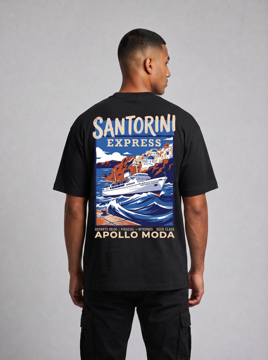 Camiseta gráfica oversize Santorini Express — Negra