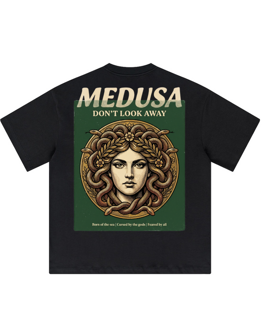 Medusa Don't Look Away oversized graphic tee in black by Apollo Moda, back print view