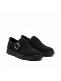 Men's Arden Onyx by Apollo Moda, black suede buckle slip-on with faux fur lining, third angle