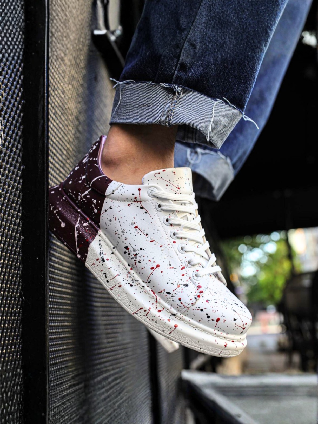 Men's Color Wave Bi-Color Beat by Apollo Moda, hand-painted white sneaker with maroon splatter, second angle