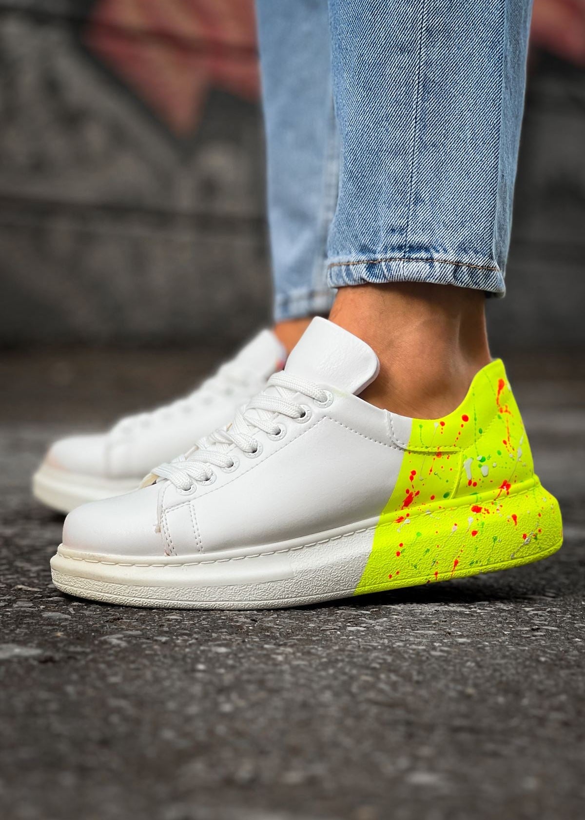 Men's Color Wave Dual Tone Flow by Apollo Moda, hand-painted white sneaker with neon paint splatter, second angle