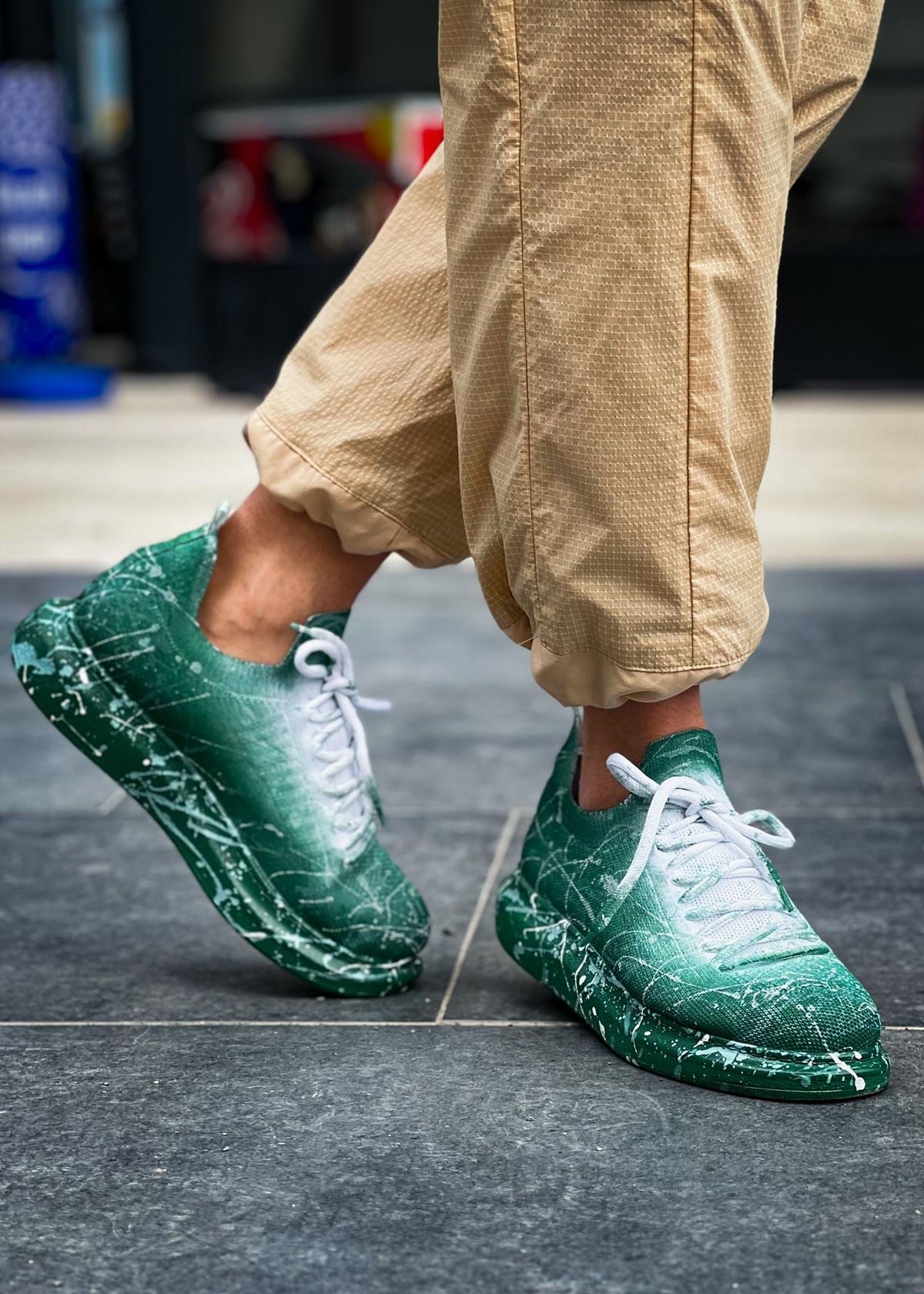 Torino Verdant Surge hand-painted knit sneaker in green by Apollo Moda, view 4