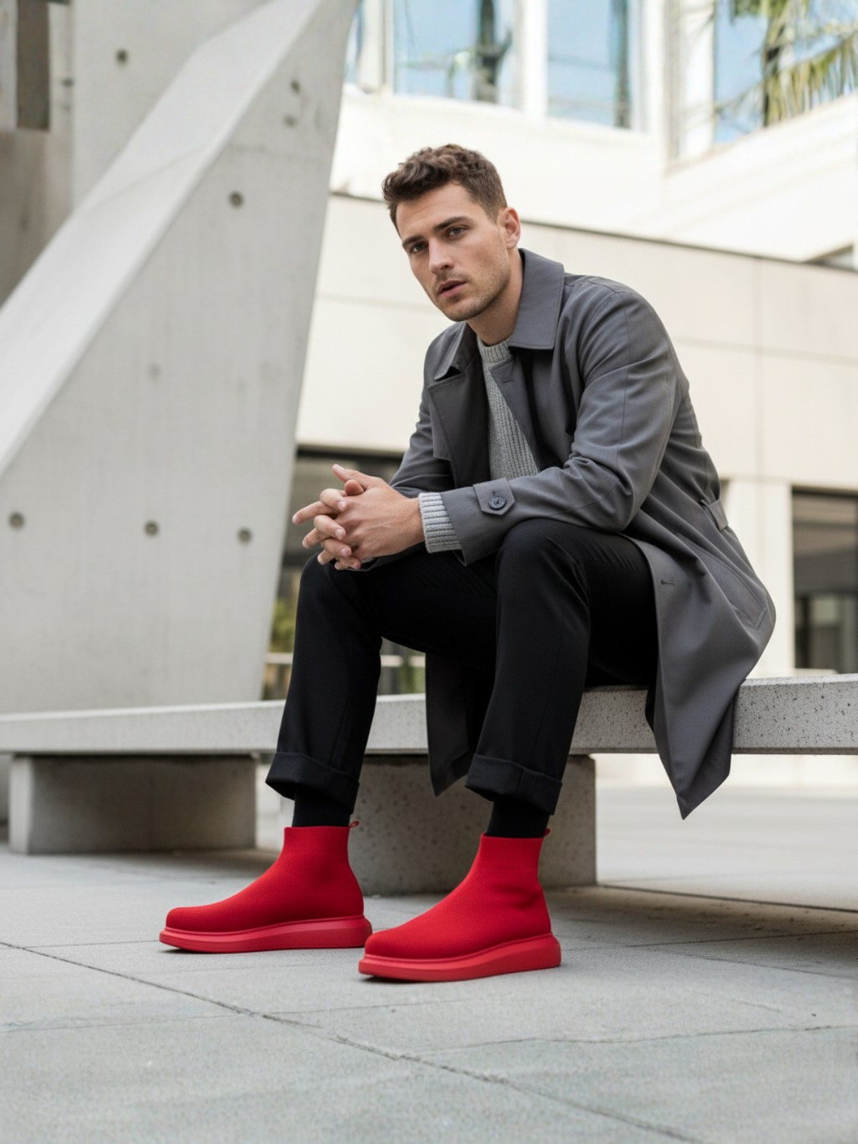 Torino X Red bold red knit ankle sock boot by Apollo Moda, sixth angle