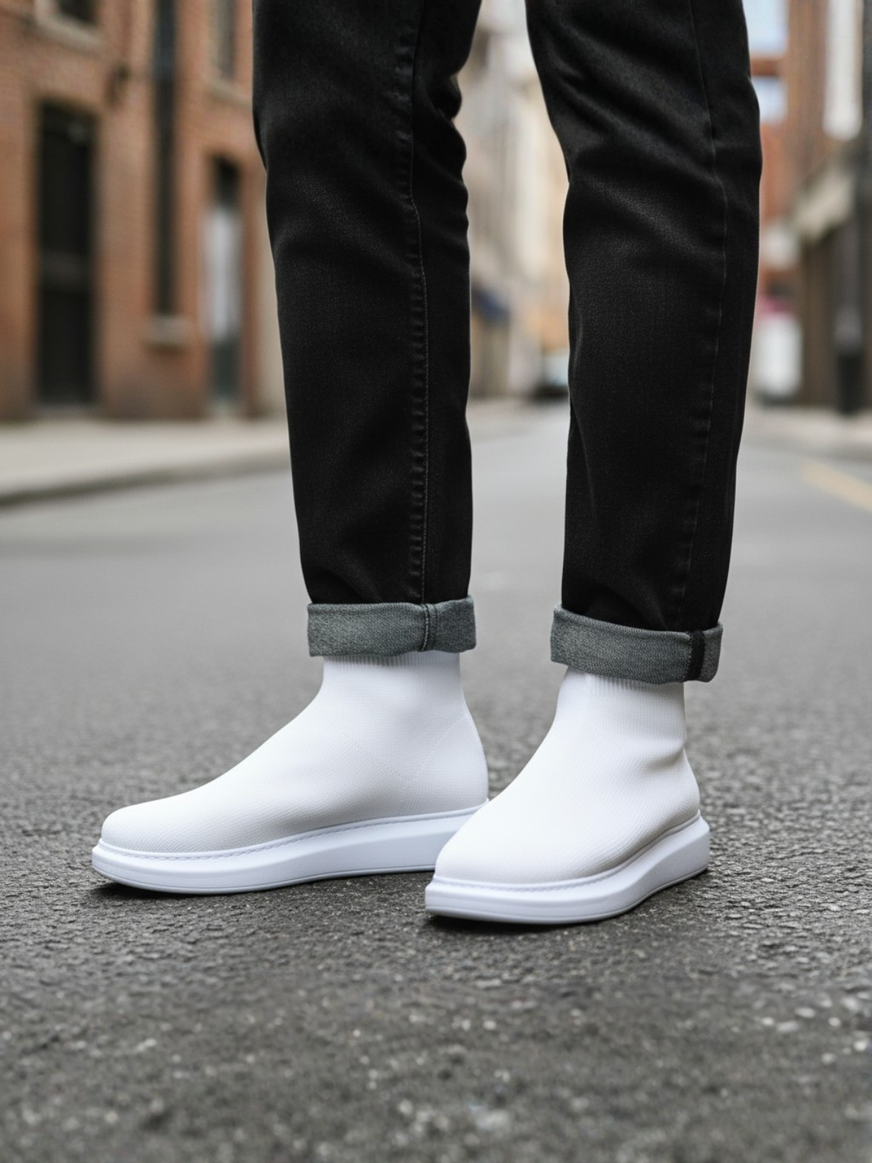Men's Torino X White by Apollo Moda, white knit ankle sock boot, third angle
