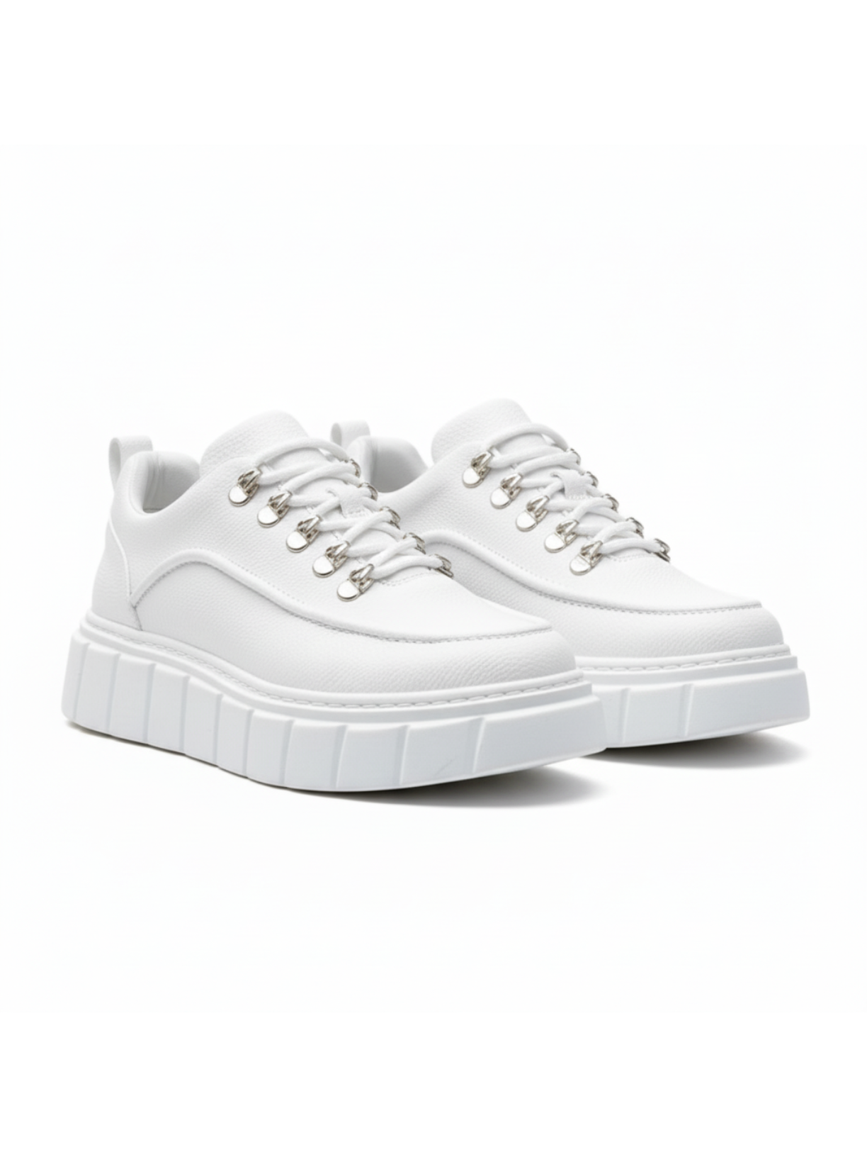 Vega Blanco all-white platform sneaker with metal hook eyelets by Apollo Moda, third angle