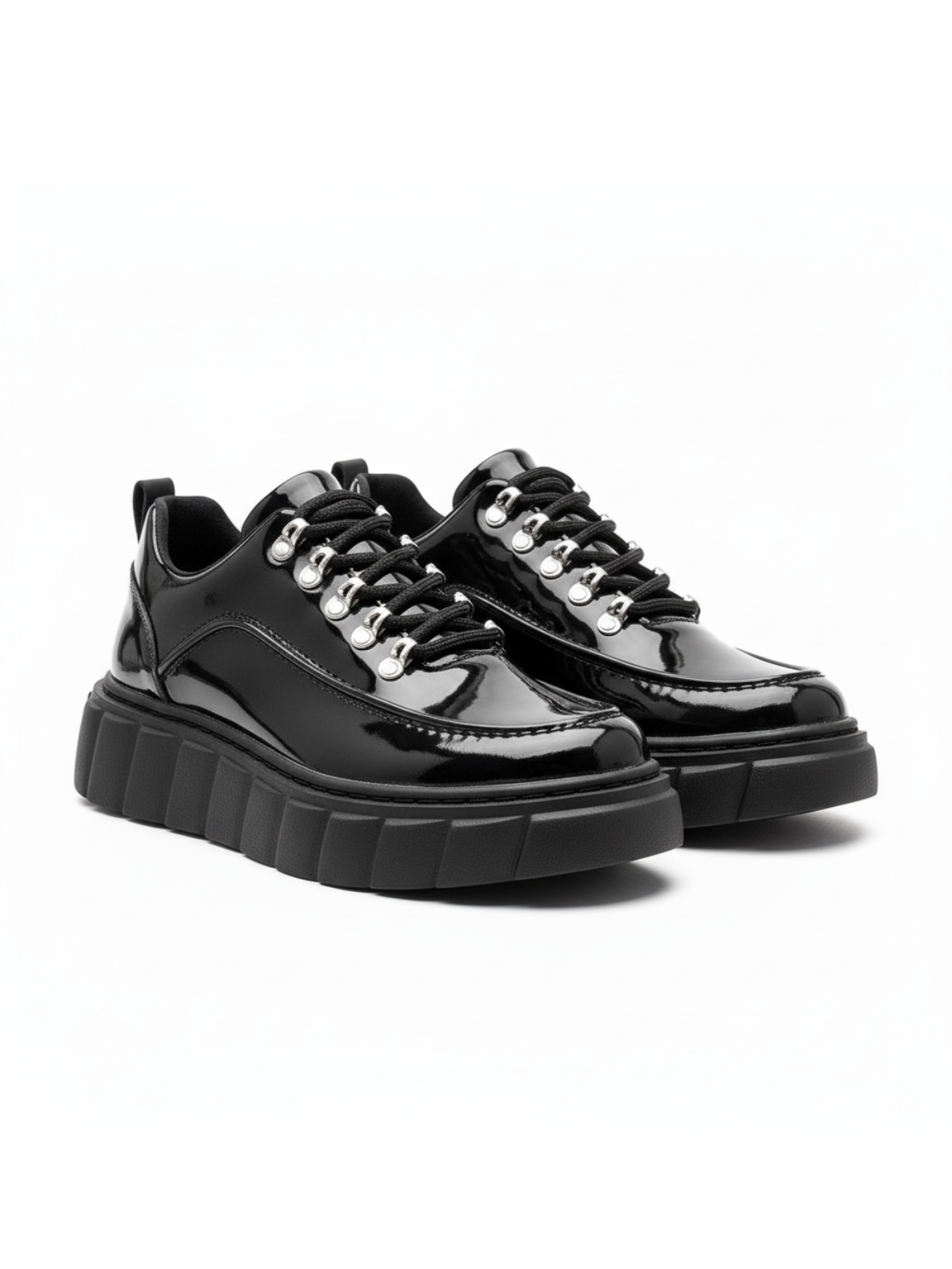 Vega Obsidian patent black platform sneaker with metal hook eyelets by Apollo Moda, third angle