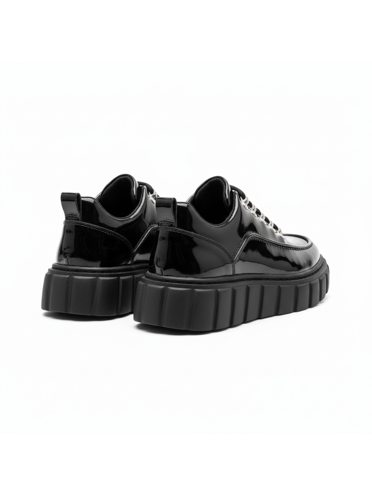 Apollo Moda men's Vega Obsidian black patent sneaker with white chunky sole, fourth angle